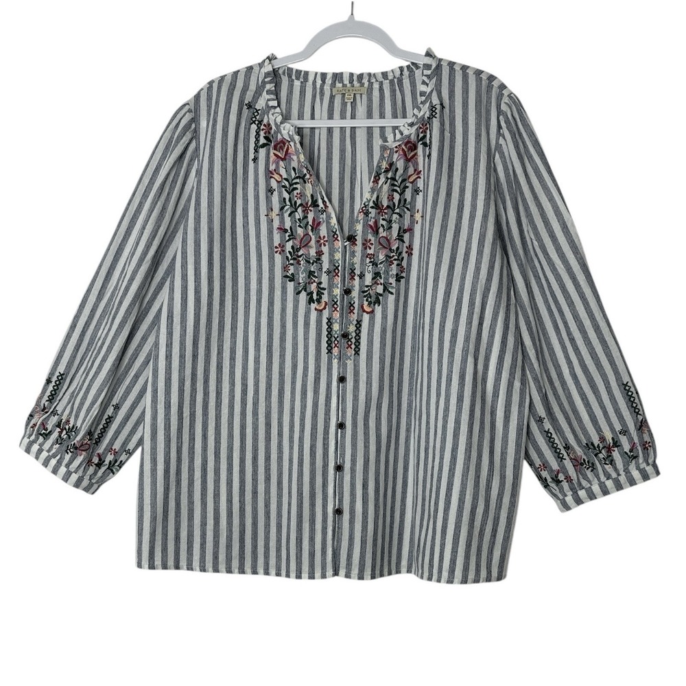Kate & Sam Blouse Womens XXL Plus Embroidered Top Boho Peasant Flowers Bottom Up